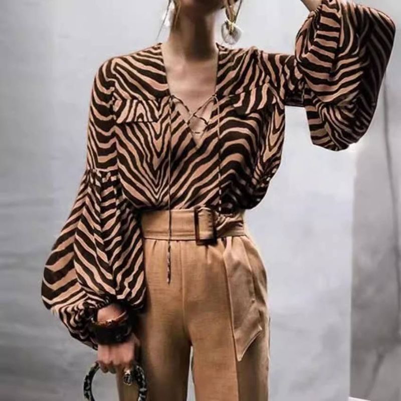 Damenbekleidung Frühling und Sommer neue Ins Net Red gleichen Stil Zebra-Print V-Ausschnitt Spitze Langarmshirt_voghion.com