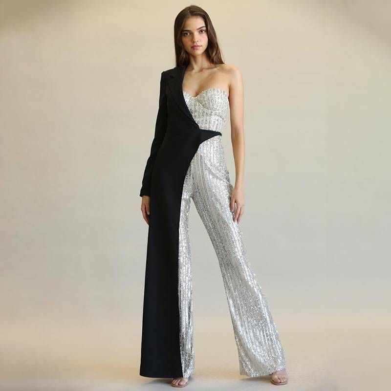 Tuta monospalla con paillettes alla moda, con paillettes argentate e cuciture da donna_voghion.com