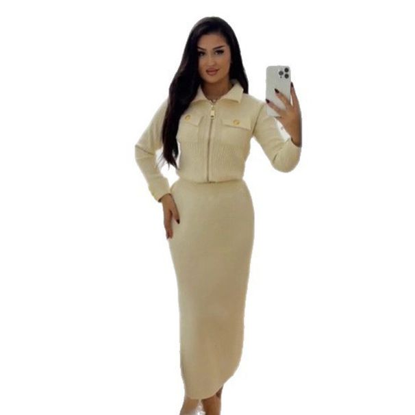 Completo da donna con cardigan e gonna in maglia con colletto polo – Elegante completo in due pezzi con fibbia in metallo, taglia unica)_voghion.com