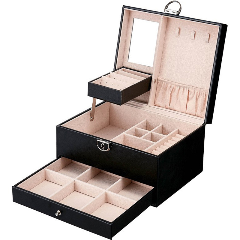 Jewelry Storage Box Large Capacity PU Leather Organizer With Mirror Lock Multi-Layer Design For Earrings Rings Necklaces Bracelets Home Use_voghion.com