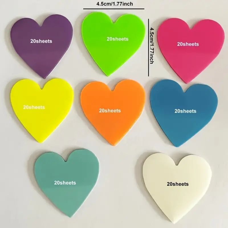 8-Color Heart-Shaped Sticky Notes - Waterproof & Transparent Index Tabs For Books, Office, Study, Creative Markers (Fluorescent & Pastel Colors)_voghion.com