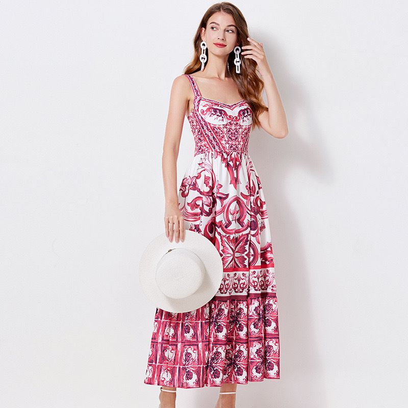 Women's ethnic style waist slimming suspender dress summer women's high-end printed A-line long skirt_voghion.com