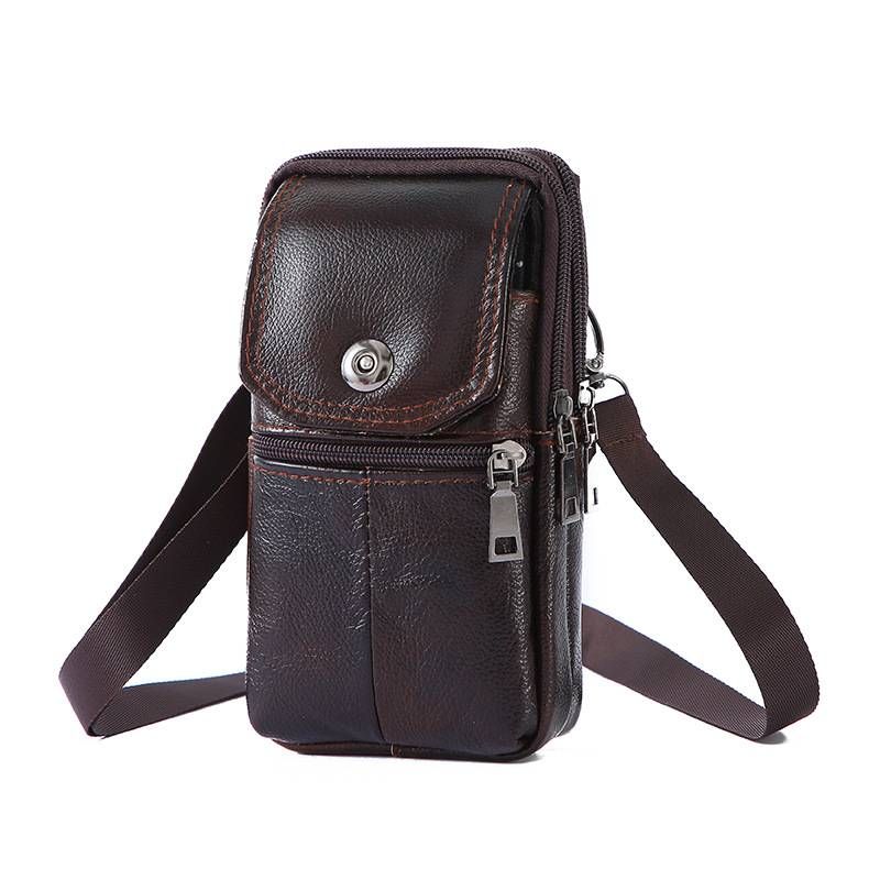 Kunjiuyou Multi Pockets Smooth Zipper Button Closur Phone Waist Bag Men  Leather Mobile Phone Small Chest Shoulder Belt Bag-Brown_voghion.com