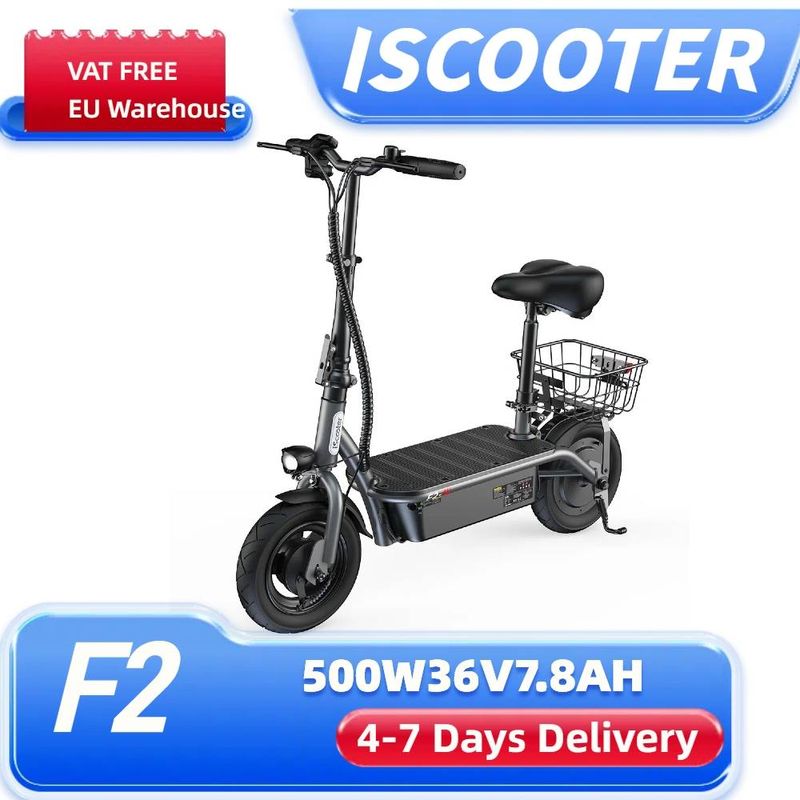 iScooter F2 500W Faltbarer Elektroroller mit Sitz für Erwachsene, 10-Zoll-Pendler-Escooter mit Korb und breiten Pedalen, 36V7.8Ah_voghion.com