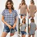 Top da donna in camicia a quadri scozzese casual con scollo a V a maniche corte_voghion.com