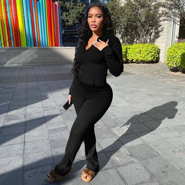 Solid Knit Ribbed Two Piece Sets Women Winter Clothes Warm Long Sleeve Top And Wide Leg Pants Matching Sets Outfits Loungewear_voghion.com