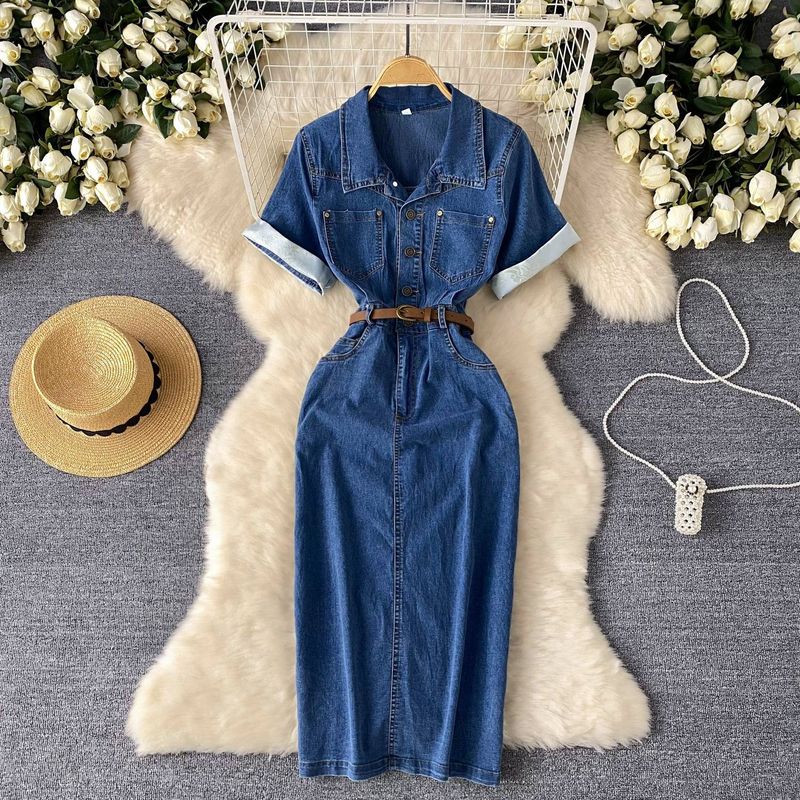 Women's Clothing Summer Belt Slim Split Design Temperament Long Skirt_voghion.com
