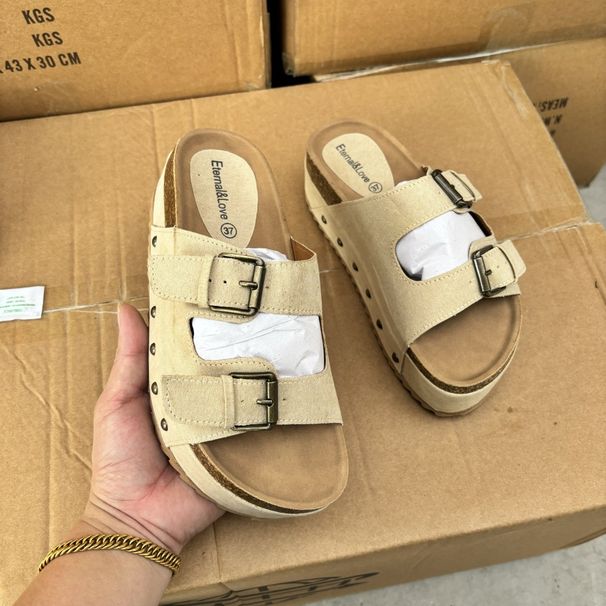 Damenschuhe neue Mode dicken Sohlen flache Sohlen Damen Doppelschnalle Niet Strandschuhe_voghion.com