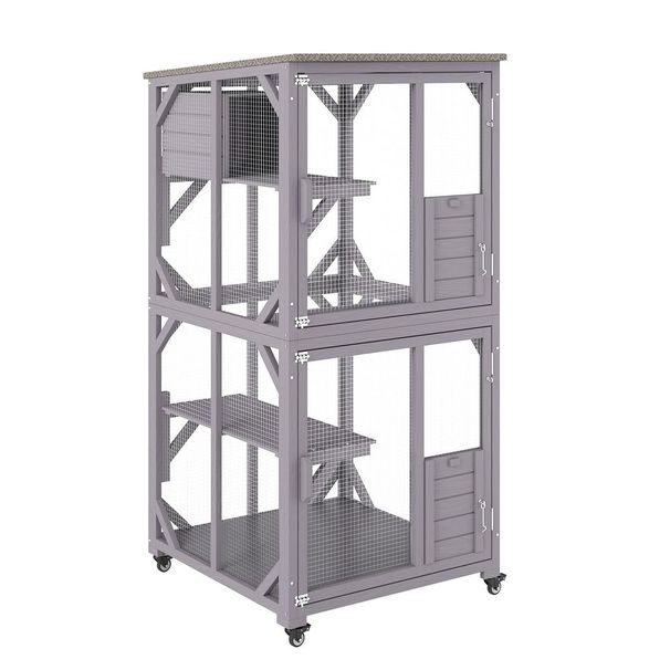 Cat House Outdoor, 3-Tier Large Catio, Cat Enclosure With 360° Rotating Casters, 2 Platforms, A Resting Box And Large Front Door, 29.9 X 34 X 64.1_voghion.com