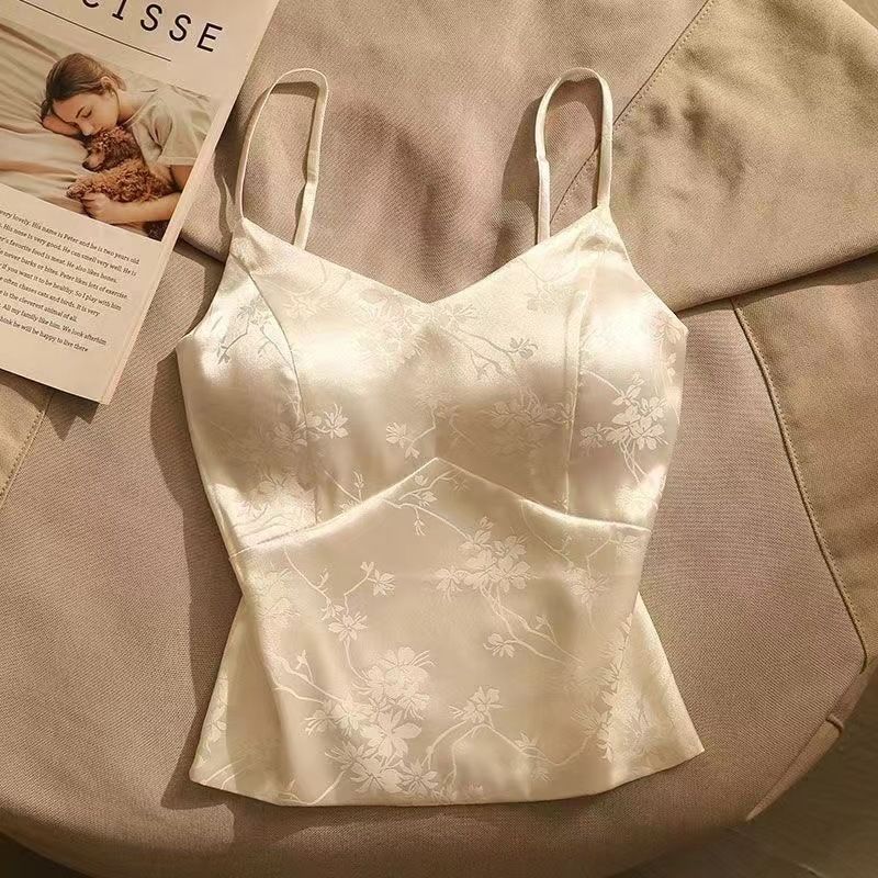 Women’s Clothing French Jacquard Satin Camisole For Women With Chest Pad Embroidered Vest Versatile Outerwear Niche Short Base_voghion.com