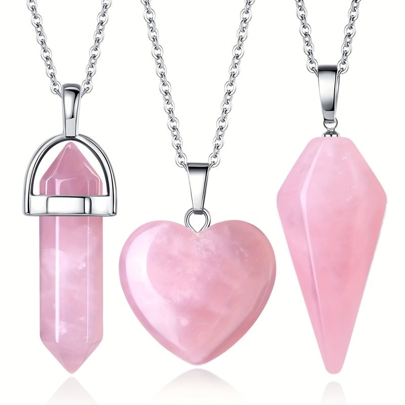 ​​Natural Stone Crystal Pendant Necklace Set - Hexagonal & Heart Shaped 3-Piece Jewelry For Women​_voghion.com