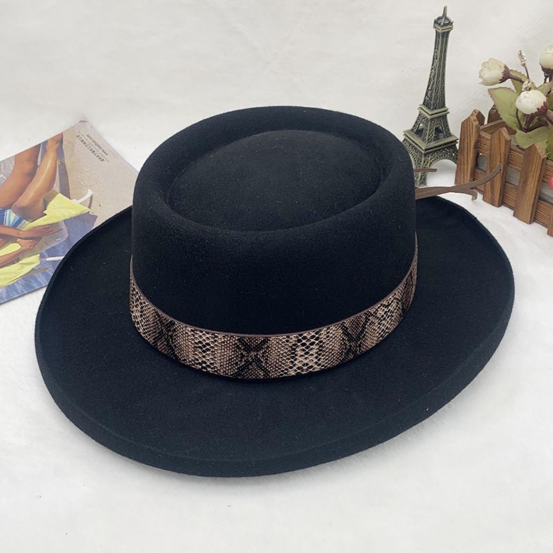 Vintage simple wool felt wide bow top hat Black jazz hat_voghion.com