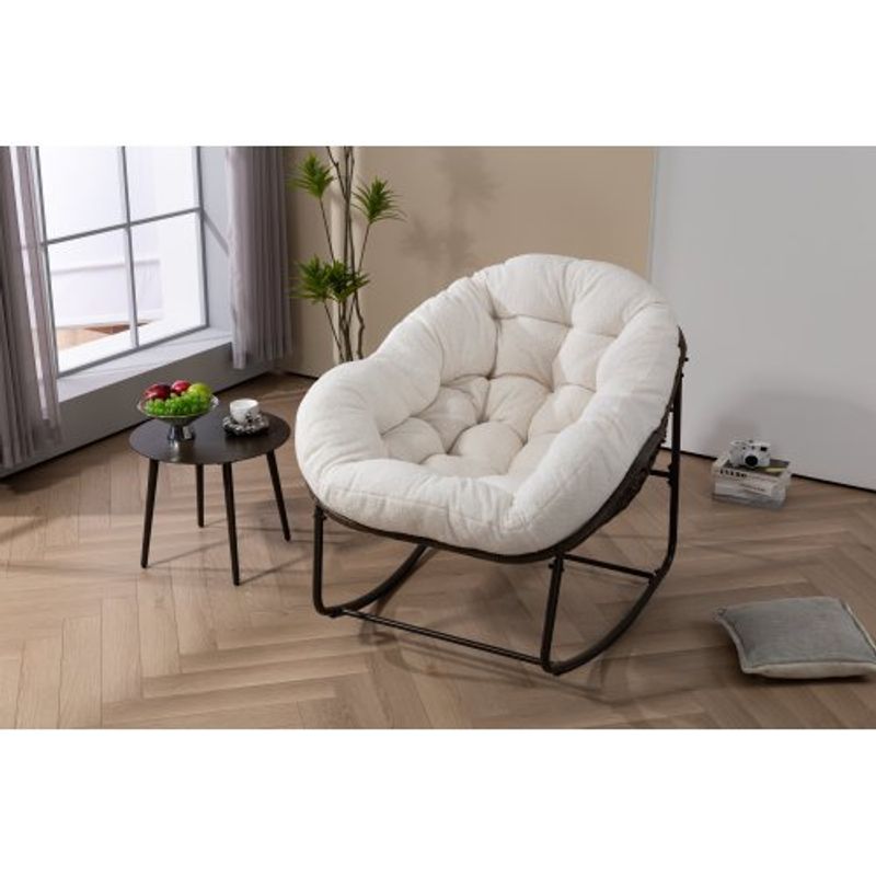 Mecedora de ratán para exterior, con cojín acolchado, reclinable, para porche, sala de estar, patio y jardín, color blanco._voghion.com