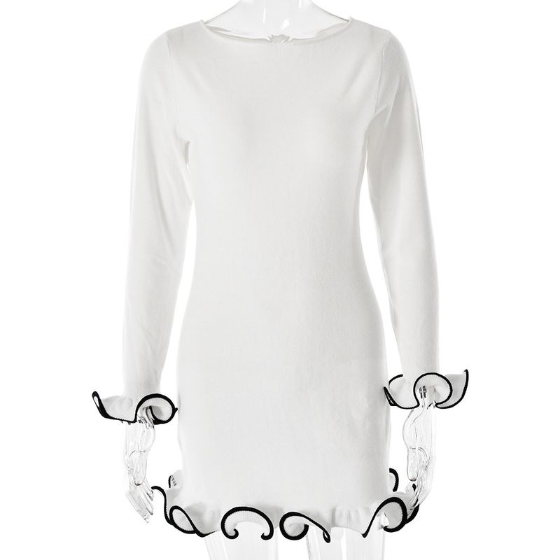 Rochie de damă nouă, la modă, de toamnă-iarnă, cu margini rulate și volane, croială slim fit, mâneci lungi, decolteu rotund, tricotată_voghion.com