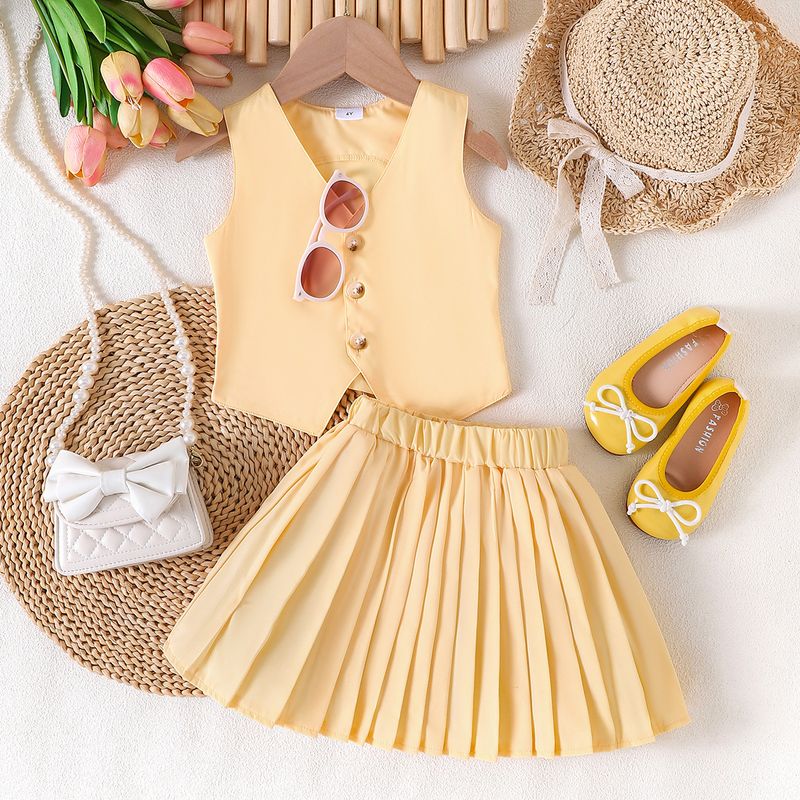 Roupas infantis de verão para meninas, jaqueta sem mangas com decote em V, colete, saia plissada, tamanho pequeno e médio, terno infantil de duas peças_voghion.com