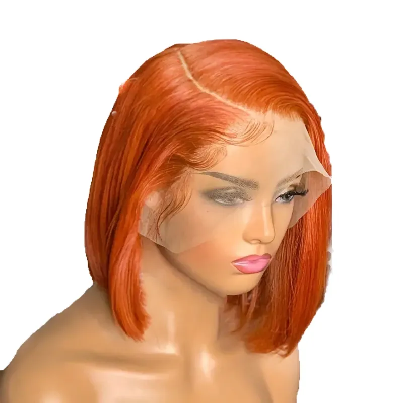 Kurze Bob-Perücken, Ingwer-Orange, peruanisches Echthaar, tägliche Spitzen-Frontalperücke_voghion.com
