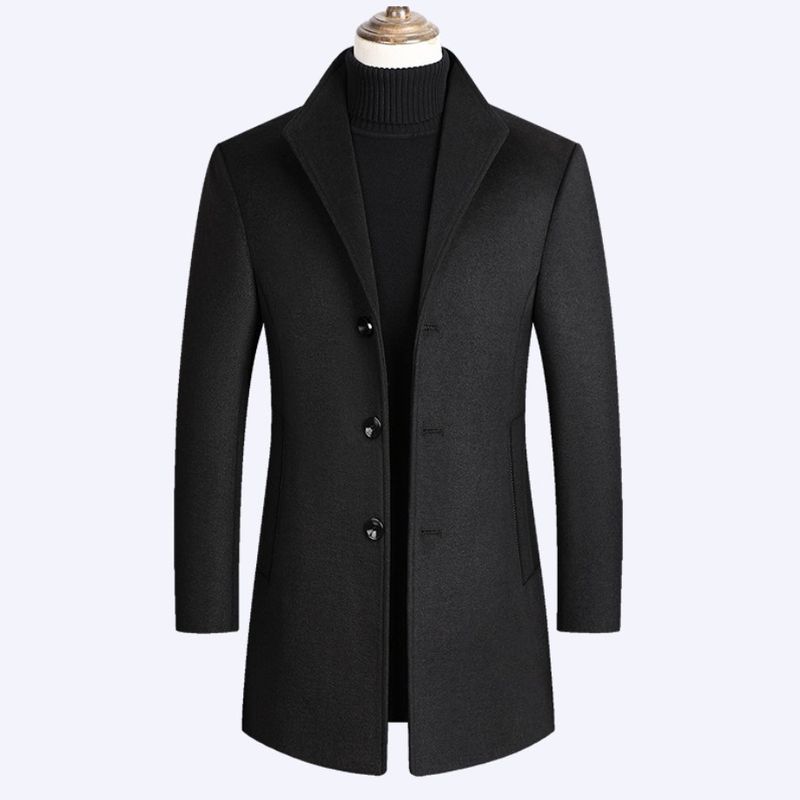 Foreign Trade Men Along Hair Youth Solid Color Leisure Medium Long Woolen Coat Men's Coat_voghion.com