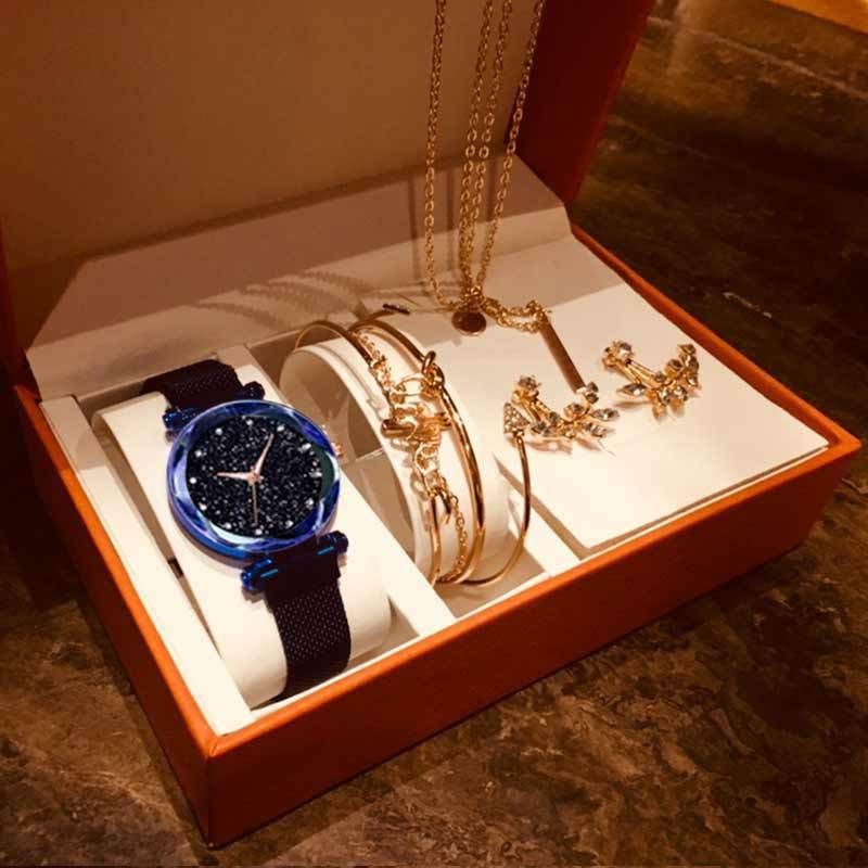 8pcs/set fashion creative diamond cool star magnet buckle watch+leaf bracelet set+earrings+necklace_voghion.com