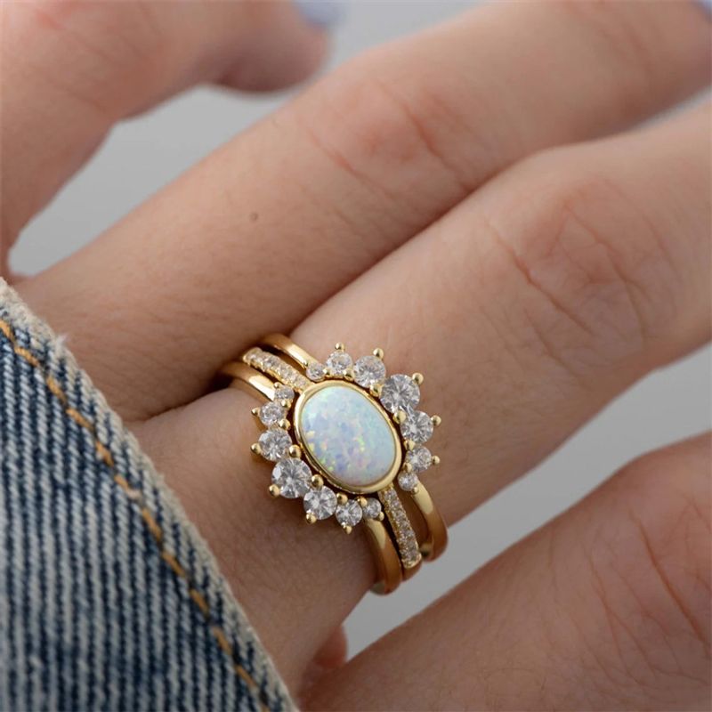 Pure Silver S Crown Ancient Style Opal Wedding Set Band Ring_voghion.com