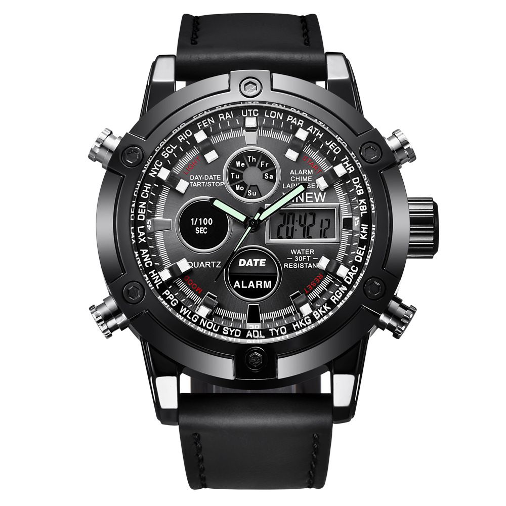 Men's Chronograph Digital Analog Watch With Leather Strap, GMT Function, Date & Week Display, Luminous Hands Sporty Style Leather Digital Wristwatches_voghion.com