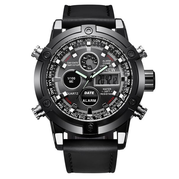Men's Chronograph Digital Analog Watch With Leather Strap, GMT Function, Date & Week Display, Luminous Hands Sporty Style Leather Digital Wristwatches_voghion.com