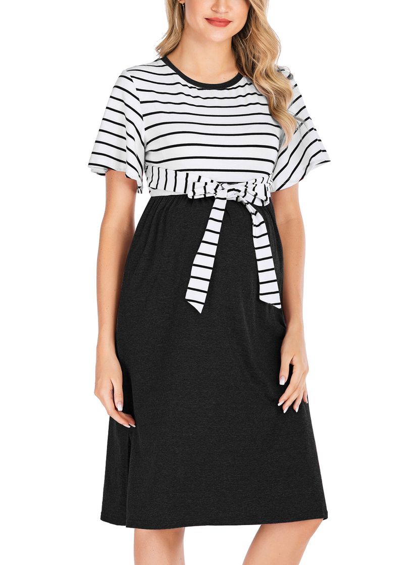 Women's clothing Fashion Short Sleeve Striped Dress Round Neck Pregnant Women Large Swing_voghion.com