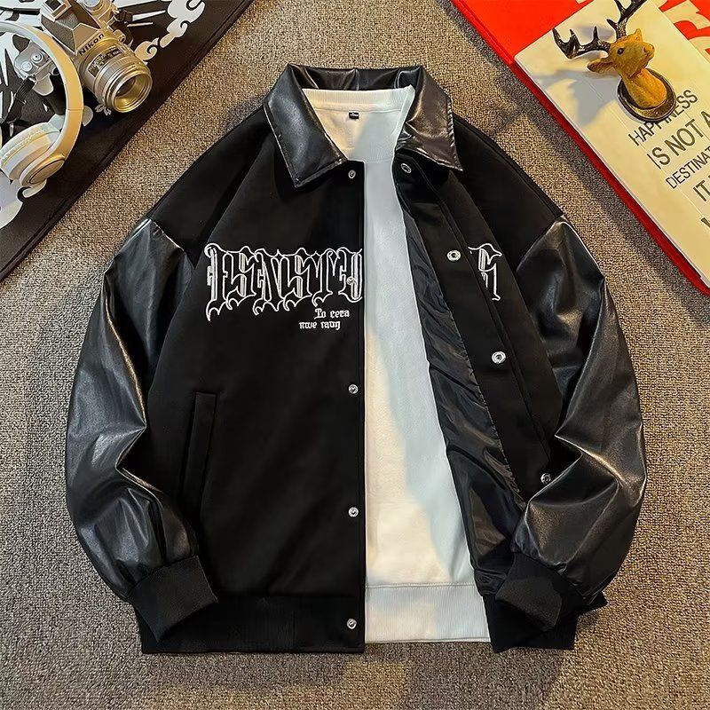 Jachetă de baseball cu mânecă din piele PU pentru bărbați, stil stradal, stil hip hop, broderie, topuri, jachete pentru cupluri, jachete pentru femei_voghion.com