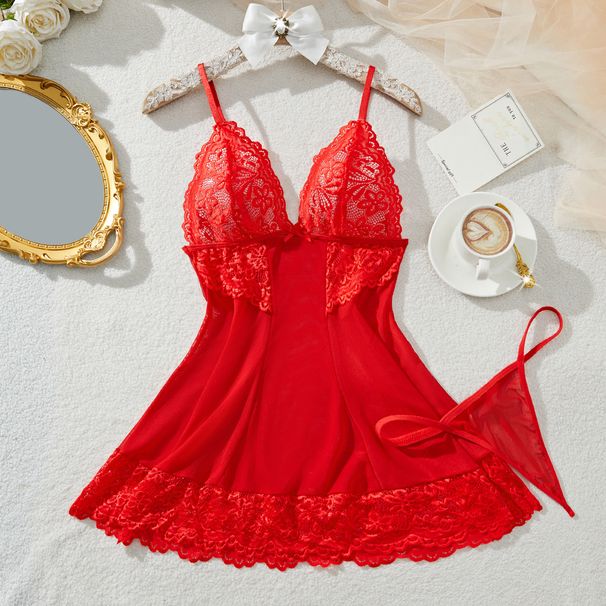 Pigiama da donna sexy in pizzo, reggiseno con bracciale e camicia da notte corta con mutandine, intimo, tessuto cavo e ampio, tinta unita_voghion.com