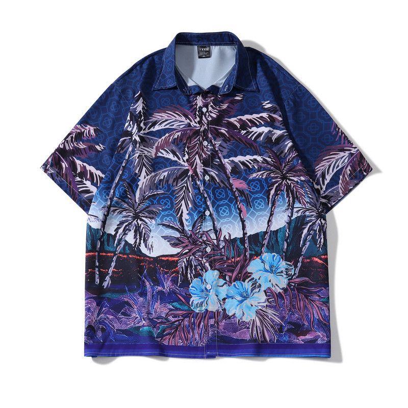 Herrenbekleidung High Street Blumenhemd lila Kokosnusswald Positionierungshemd Jugend lässige Strickjacke kurzärmelige Männer_voghion.com