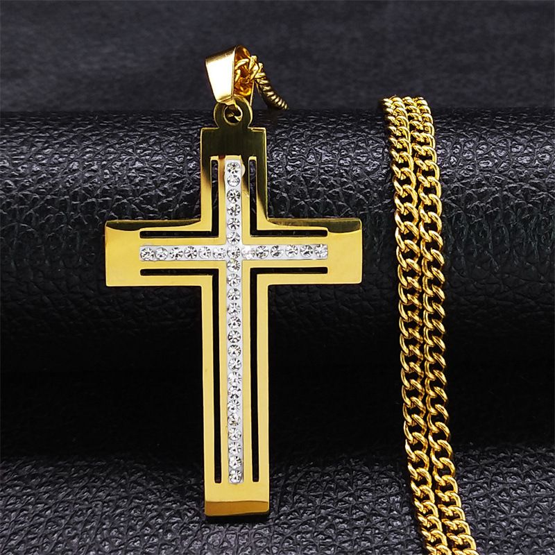 Nuova collana da uomo in acciaio inossidabile con croce, ciondolo in cristallo, accessorio versatile per maglione_voghion.com
