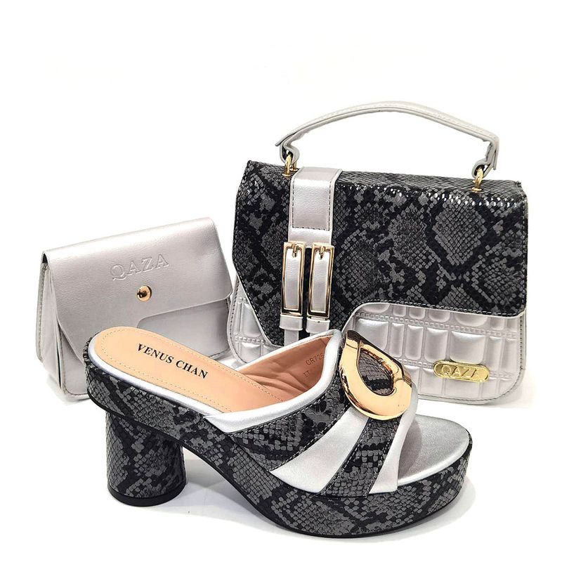 Zapatos de mujer, sandalias de suela gruesa, accesorios de hardware, bolso de hombro informal para mujer, bolso bandolera, conjunto de dos piezas con estampado de serpiente_voghion.com