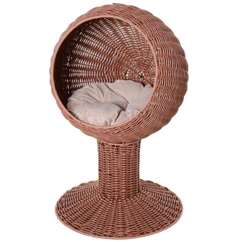 PawHut Elevated Cat Bed, Rotatable Egg Chair Pod, Thick Cushion, Natural Mat Grass Woven Kitty House, Brown_voghion.com