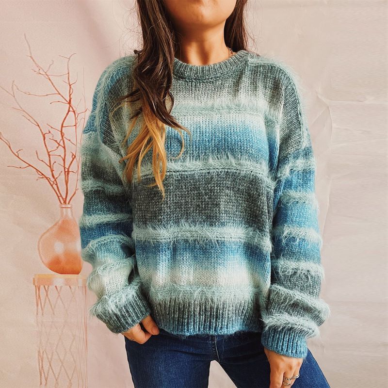 Pull rayé en tricot ombré – Texture douce en fausse fourrure, coupe oversize, manches longues (mélange polyester-élasthanne respirant, S-XL)_voghion.com