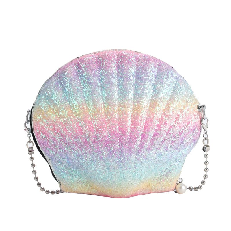Clutches für Damen, Muscheltasche mit Regenbogen-Pailletten, kreative Muscheltasche für Damen, Umhängetasche mit Kette und einem Schultergurt für Damen_voghion.com