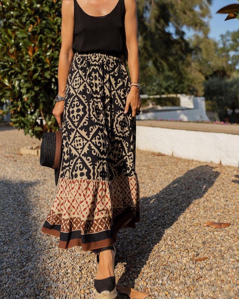 New Half length Skirt 2024 Summer Edition Printed Loose Splicing Large Swing Female_voghion.com