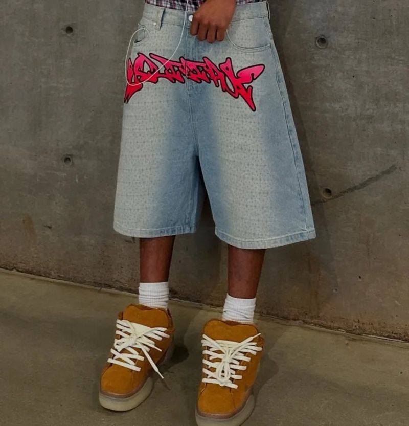 Men's Clothing Retro Street Fashion Brand Denim Shorts Letter Print Design Wide Leg Pants Loose Shorts_voghion.com