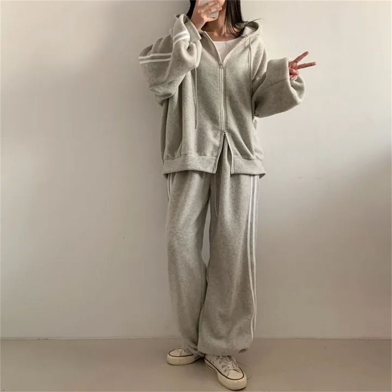 Damenbekleidung Modemarke Sweatshirt lässig zweiteilig grau koreanische Marke Mode Sportanzug Damen Frühling und Herbst faul lose Baumwollnähte_voghion.com