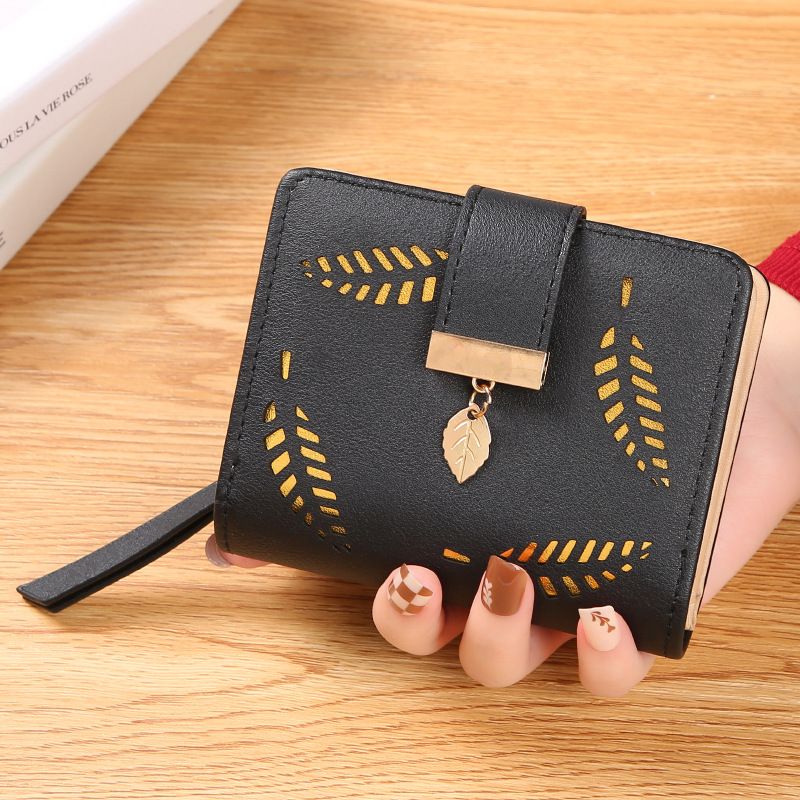 Portafoglio da donna corto con foglie, 20% di sconto, versione coreana, tendenza moda cava, porta carte con cerniera_voghion.com