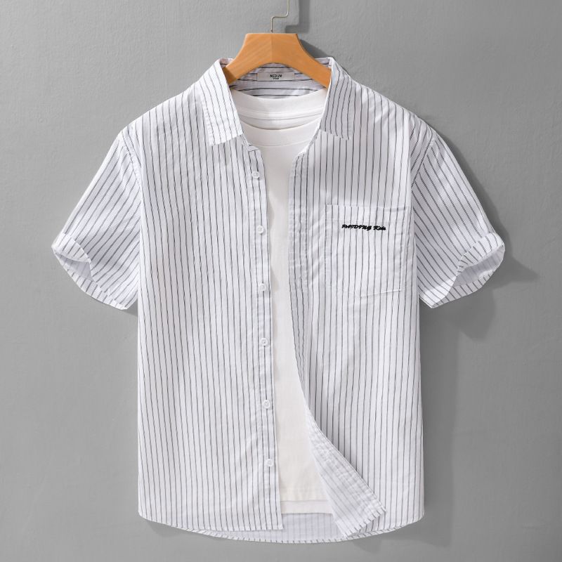 Embroidered Summer Stripes Casual Handsome Refreshing Shirt Striped Half Sleeve Fashion Men's Lining With Cedar Tide_voghion.com