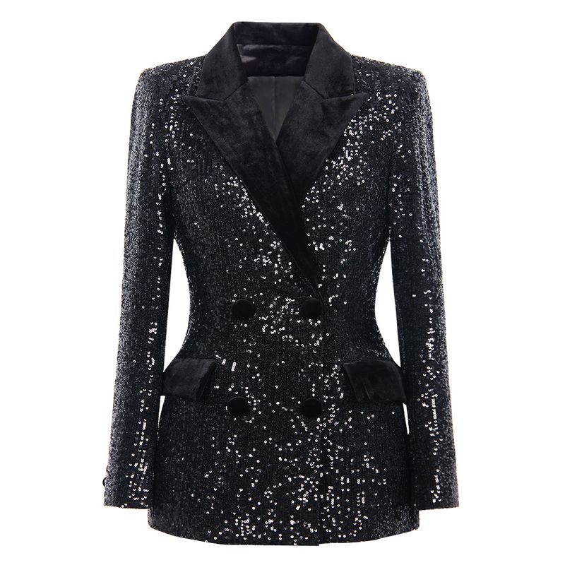 Blazer en velours brodé – Veste de travail mi-longue avec col à paillettes (noir, S-XXXL)_voghion.com