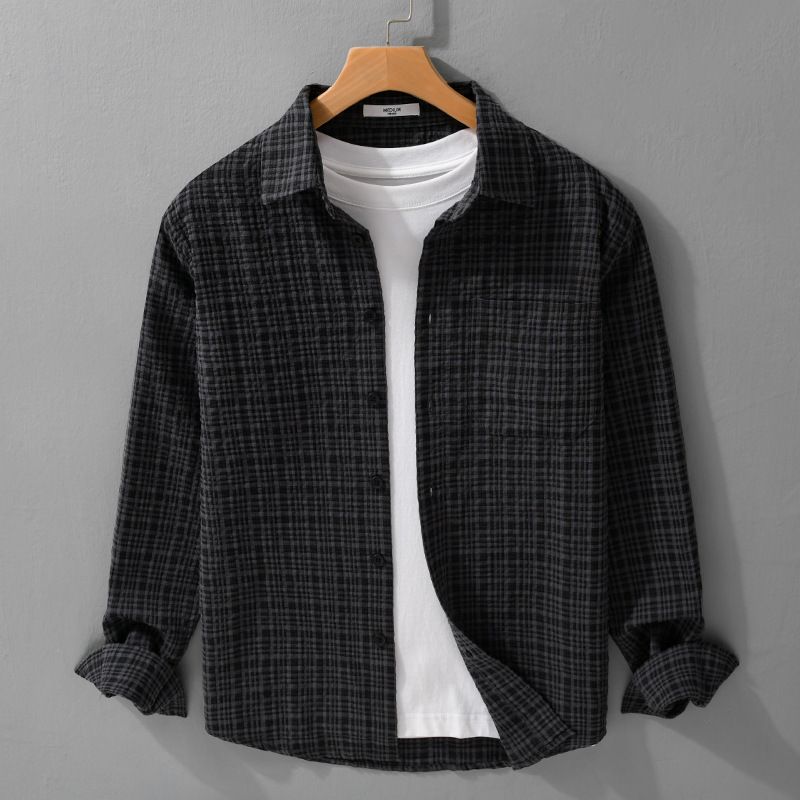 Eenvoudig en veelzijdig herenoverhemd met lange mouwen voor de lente, los, comfortabel, ademend, fris en dun casual overhemd_voghion.com