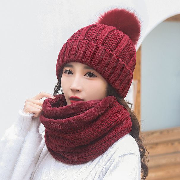 wool knitting hat ladies autumn and winter fashion warm  version of the trendy all-match plus fleece hat scarf set_voghion.com