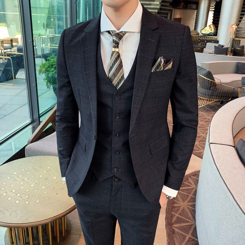 Men's Three-piece Suit Youth Plaid Small Suit Suit Autumn And Winter Handsome Groom Wedding Dress Business Formal Wear_voghion.com