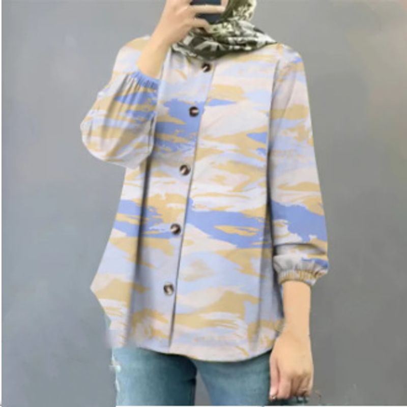 women's loose fashionable literary puff sleeve printed long-sleeved placket button-down shirt_voghion.com