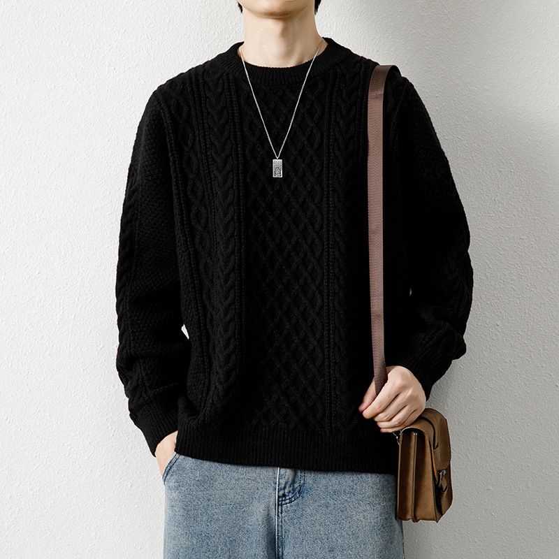 Pull en maille torsadée pour homme, pull chaud d'hiver, col rond, couche de base épaisse en tricot, décontracté, coupe ample, tendance_voghion.com