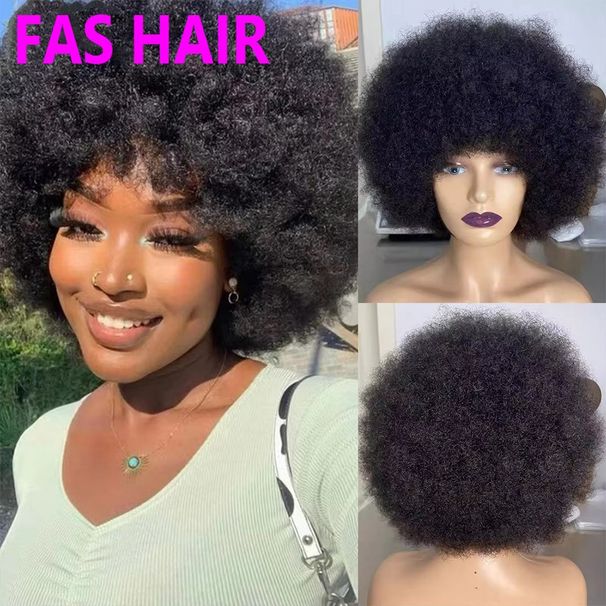 Short Afro Curly Human Hair Wig - African Texture, Heat Resistant, Glueless (Natural Black, Ready To Wear)_voghion.com