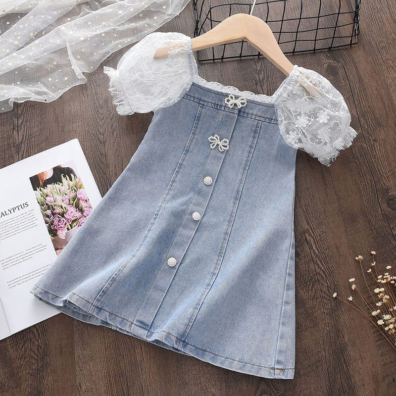 Robe d'été à la mode pour enfants, nouveau style de fille, manches en seersucker de perles, jupe trapèze en denim doux épissé_voghion.com