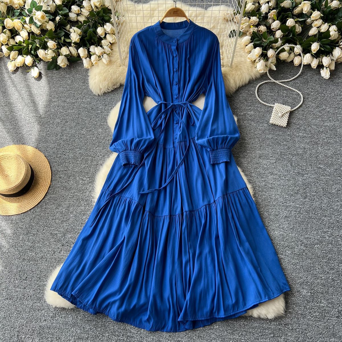 Elegant Dress Female Design Single Breasted Loose Waist Straps Slim Temperament Knee Length Skirt_voghion.com