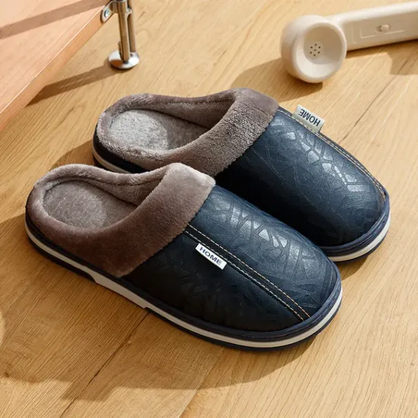 Herren Hausschuhe Winter Große Größe Indoor Wasserdicht PU Leder Große Größen Home Schuhe Pelz Flache Baumwolle Schlafzimmer Hausschuhe_voghion.com