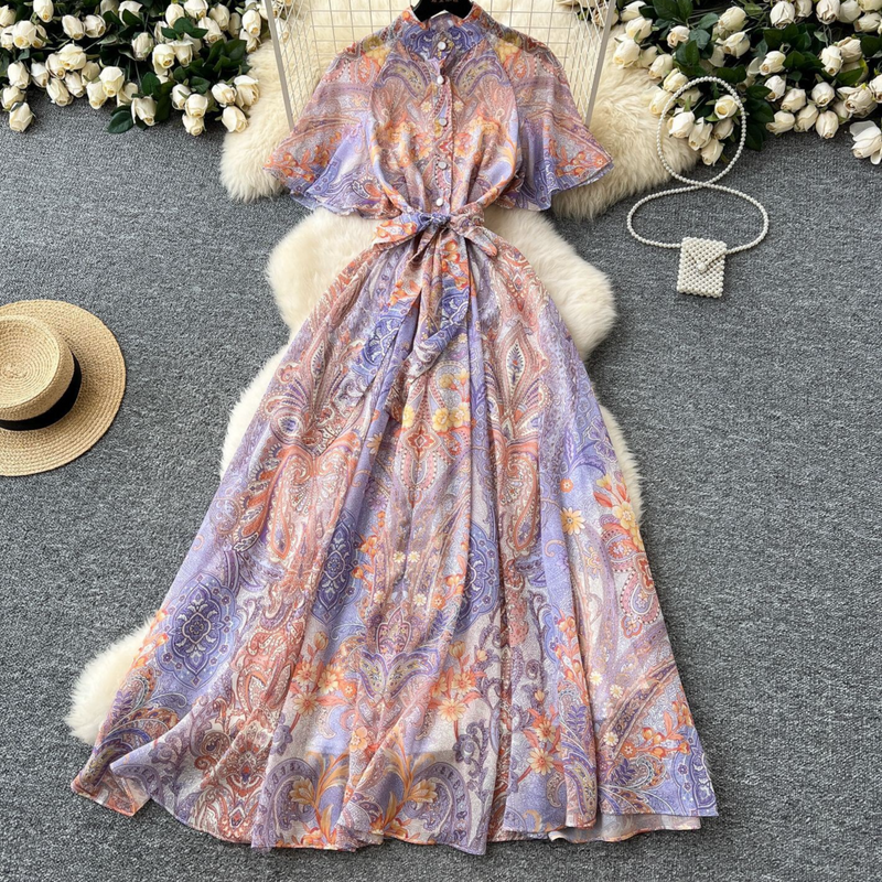 Dameskleding Damesjurk Lente Nieuw Elegant Opstaande kraag Enkelrijs Korte mouwen Taille Bedrukt Lange rok_voghion.com